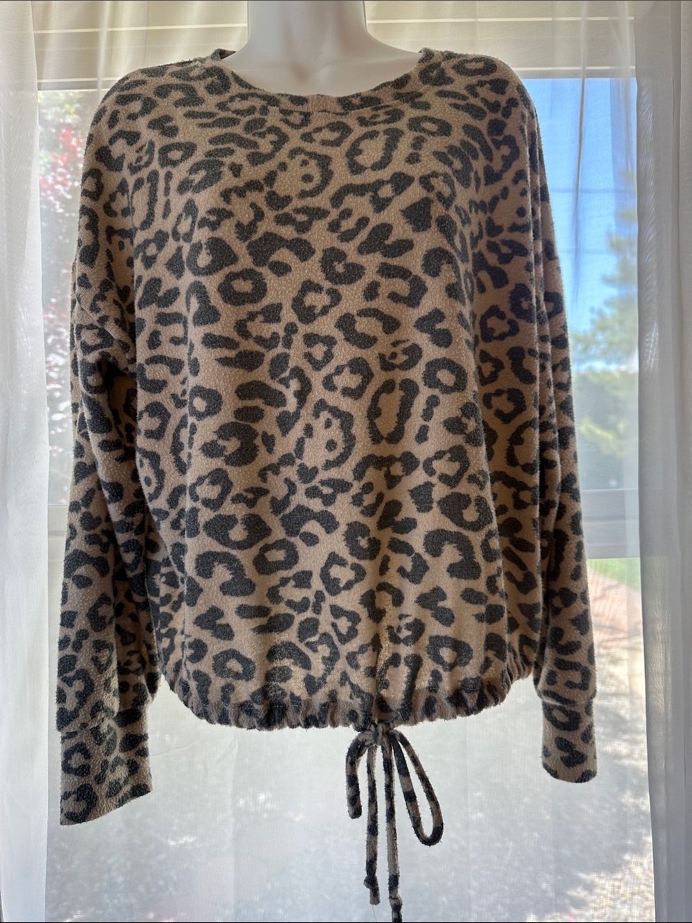 Philosophy Beige and Black Leopard Drawstring Hem Sweatshirt